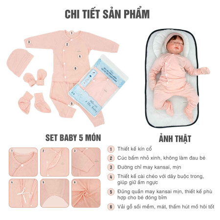 Set quần áo sơ sinh 5 món Comfybaby CF1020-SET5 chất modal làm từ sợi cây sồi siêu mềm và thoáng khí kháng khuẩn màu hồng.