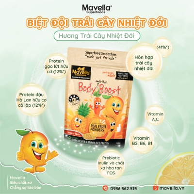 Mavella Body Boost: Bột dinh dưỡng hỗ trợ tăng trưởng và phát triển cho bé từ thực vật hữu cơ - hương trái cây nhiệt đới