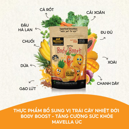 Mavella Body Boost: Bột dinh dưỡng hỗ trợ tăng trưởng và phát triển cho bé từ thực vật hữu cơ - hương trái cây nhiệt đới