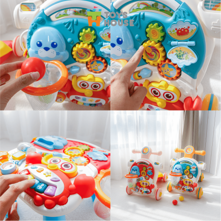 Bàn chơi đa năng cho bé có nhạc kiêm xe tập đi, xe chòi chân 4 trong 1 Toyshouse HE0826