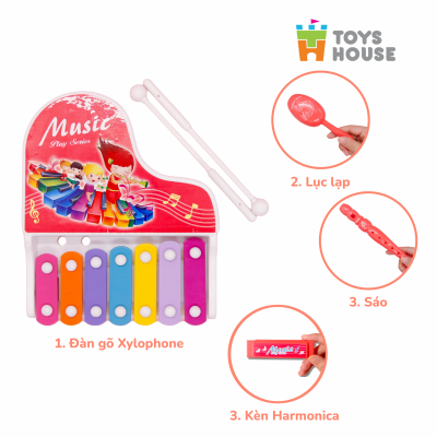 Đồ chơi đàn gõ Xylophone kèm sáo, lục lạc, kèn harmonica cho bé ToyHouse 682-9 - Màu Đỏ