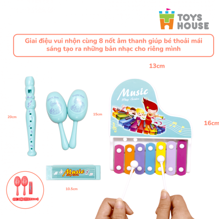 Đồ chơi đàn gõ Xylophone kèm sáo, lục lạc, kèn harmonica cho bé ToyHouse 682-9 - Màu Xanh