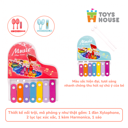 Đồ chơi đàn gõ Xylophone kèm sáo, lục lạc, kèn harmonica cho bé ToyHouse 682-9 - Màu Xanh