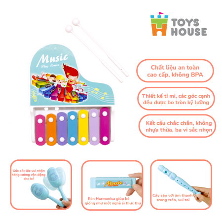 Đồ chơi đàn gõ Xylophone kèm sáo, lục lạc, kèn harmonica cho bé ToyHouse 682-9 - Màu Xanh