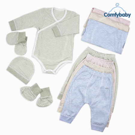 Set Bodysuit sơ sinh 5 món (quần áo dài, bao tay chân, mũ) kẻ sọc 100% Cotton CF0721-BODY-SET5 Comfybaby ( loại mỏng)