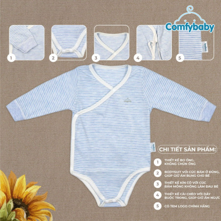 Set Bodysuit sơ sinh 5 món (quần áo dài, bao tay chân, mũ) kẻ sọc 100% Cotton CF0721-BODY-SET5 Comfybaby ( loại mỏng)