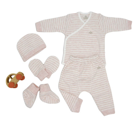 Set Bodysuit sơ sinh 5 món ComfyBaby CF1020-BODY-03M (quần áo dài, bao tay chân, mũ) 100% Cotton kẻ sọc màu hồng