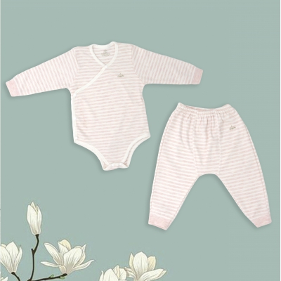 Set quần áo Bodysuit cài chéo giữ ấm ngực kèm quần rời Comfybaby CF1020-BODY 100% Cotton dày dặn cho bé từ 3 tháng đến 12 tháng kẻ sọc hồng